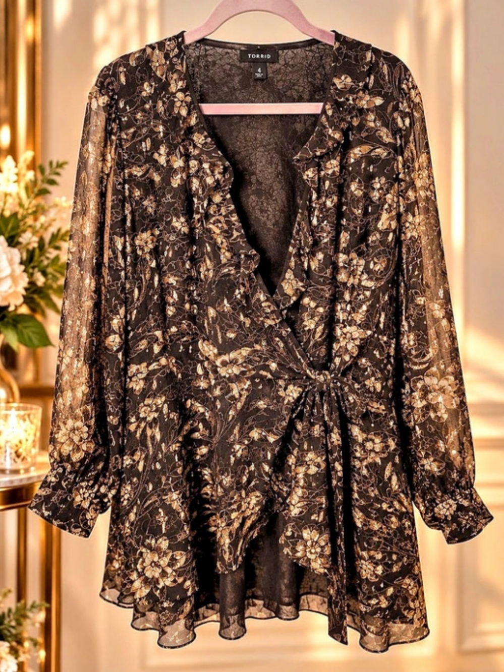 Torrid 4X Black Gold Floral Shimmer Ruffle Wrap Tunic Dress